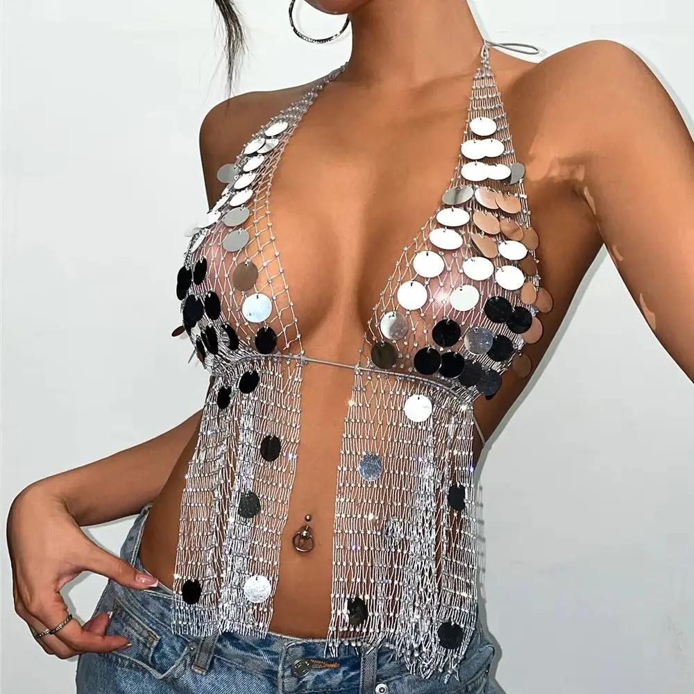 

Сексуальный укороченный топ с v-образным вырезом и прозрачной сеткой с блестками и кисточками, блестящий ажурный топ со стразами и открытой спиной для женщин, топы для ночного клуба