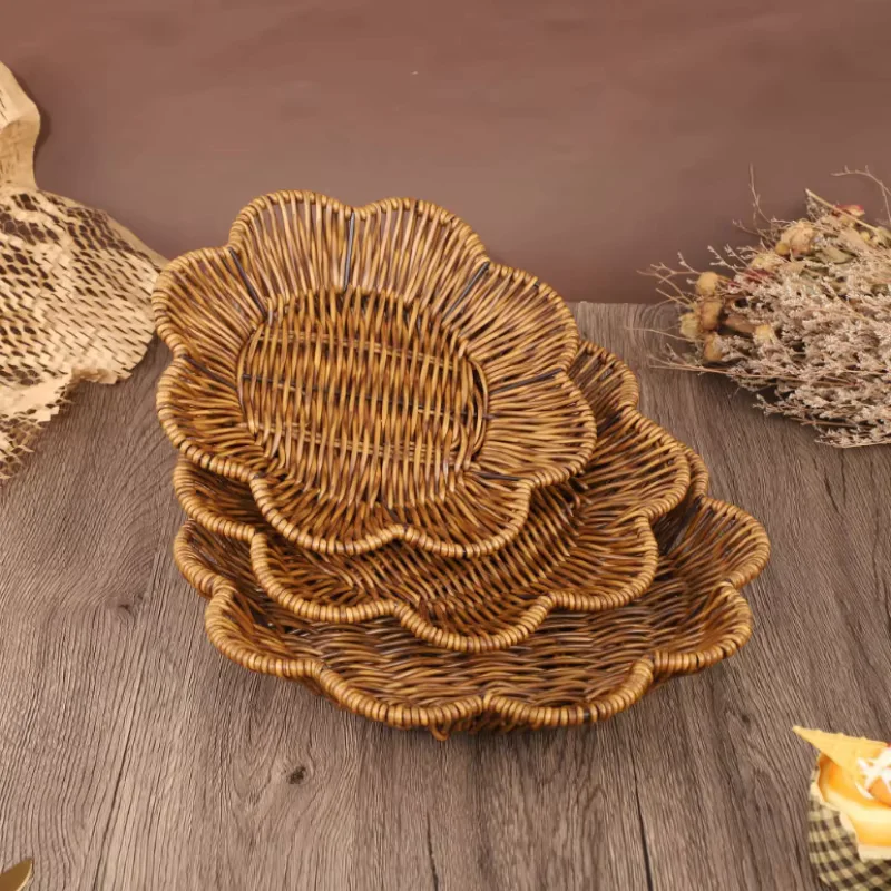 Imitation Rattan Woven Fruit Storage Tray, Household Snack Candy Dessert Serving Plate Handmade Basket Desktop Organizer Home De