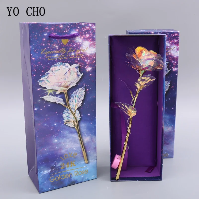 YO CHO 24K Plated Gold Rose Artificial Flower 24K Foil Rose Galaxy Box Birthday Valentine Mothers Day Christmas Creative Gift