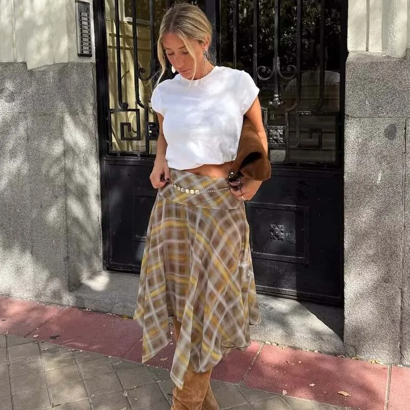 YENKYE Women New Design Asymmetric Hem A-line Mid-rise Plaid Midi Skirts Thin faldas mujer