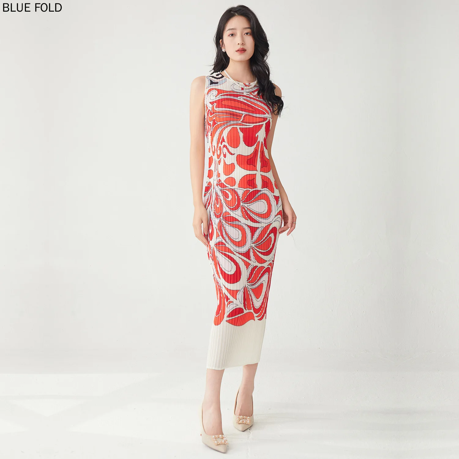 

Summer Female Miyake Sleeveless Dress High Quality Print Slim-fit Pleats Senior Sense New