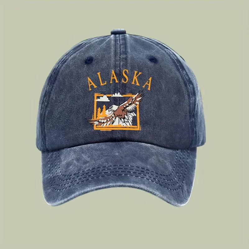 Cool Hippie Curved Brim Baseball Cap, Alaska & Flying Eagle Print Distressed Cotton Trucker Hat, Snapback Hat For Casual Leisure