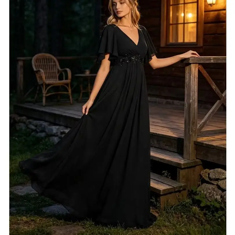 Customized Elegant V-neck Chiffon A-line Ball Gown 2026 with Flowing Sleeves and Beaded Belt Evening Dress Suitable for Parties