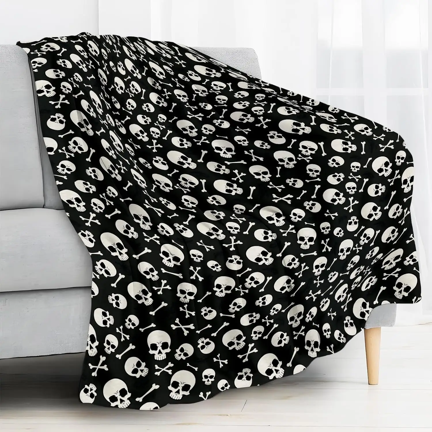 Classic White Skull Bone Repeat Pattern Comfortable Fleece Blanket Fit Living Room Couch Bed Trend Dark Style Household Decor