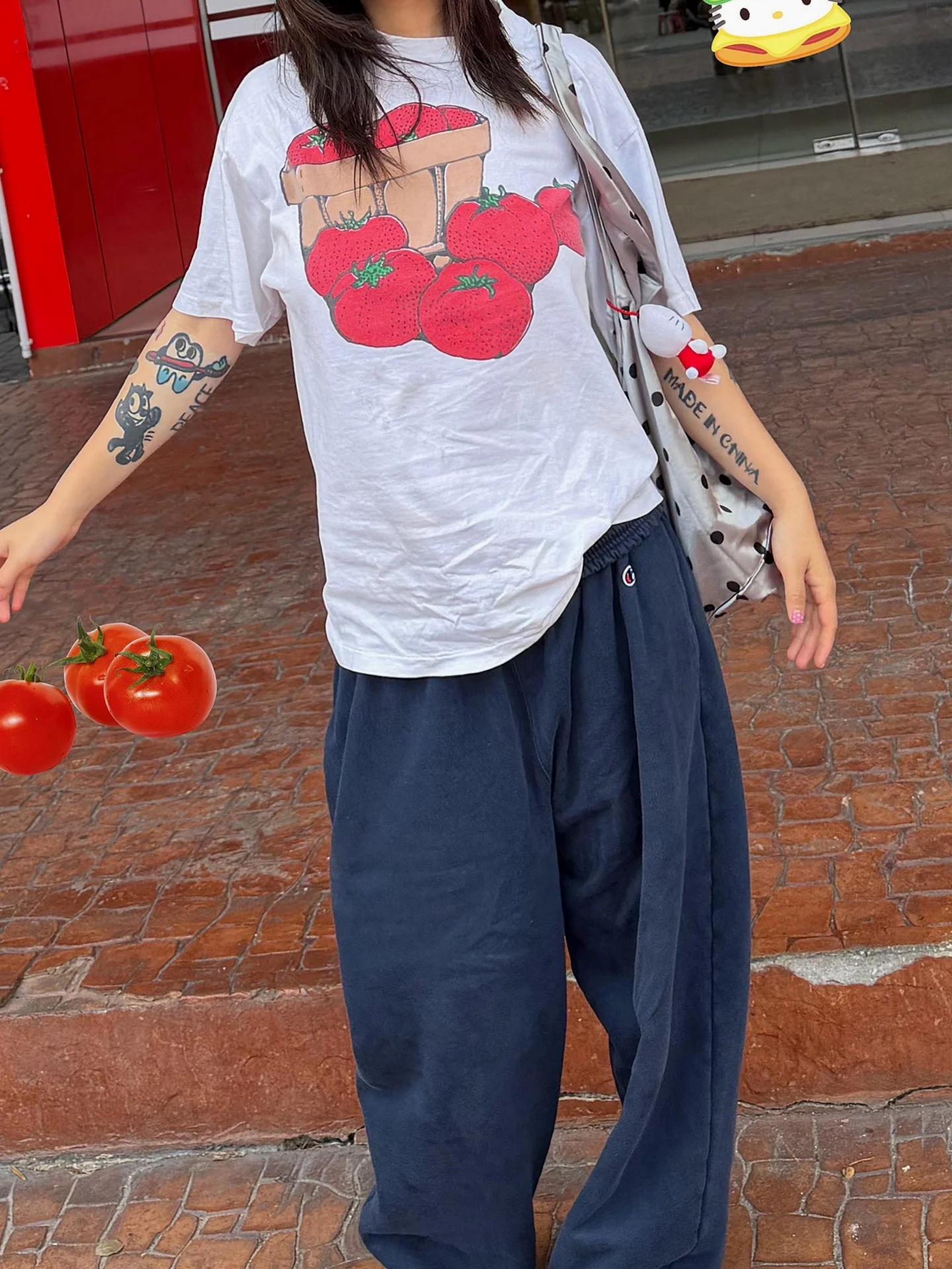 

American Retro Summer New Fun Fruit ato Print Loose Casual Pure Cotton Heavyweight ort Sve T-irt Women's Faion