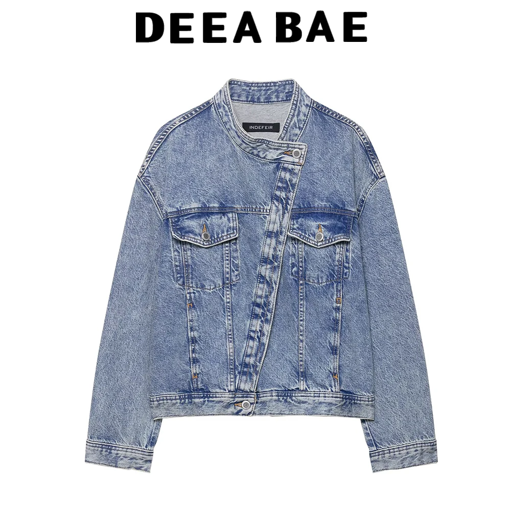

DEEABAE 2025 autumn new American washed style double breasted round neck denim jacket versatile jacket