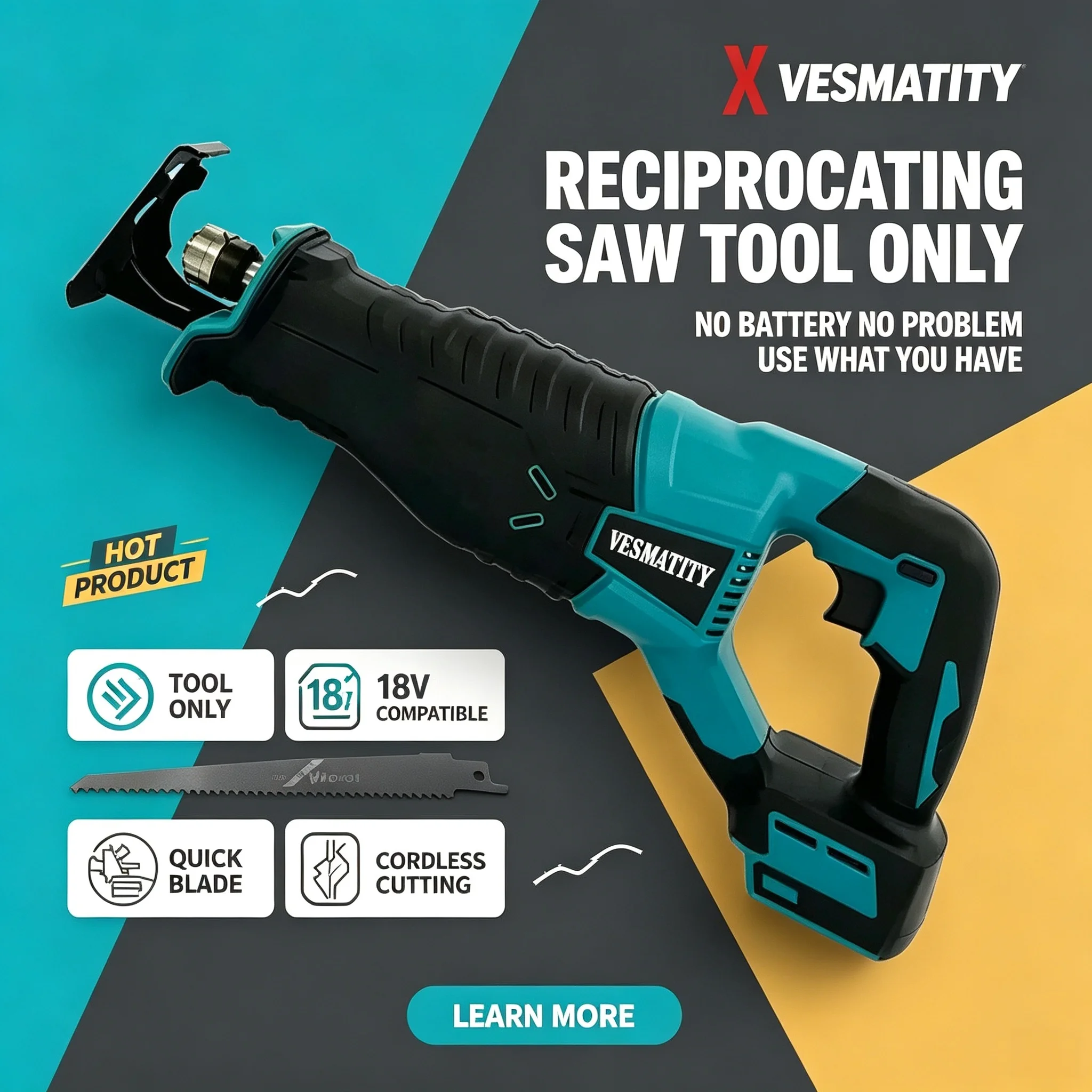 Reciprocating Saw VESMATITY Cordless Multifunctional Outdoor Electric Tool Handheld Mini Saw for 18V-20V Battery Compact