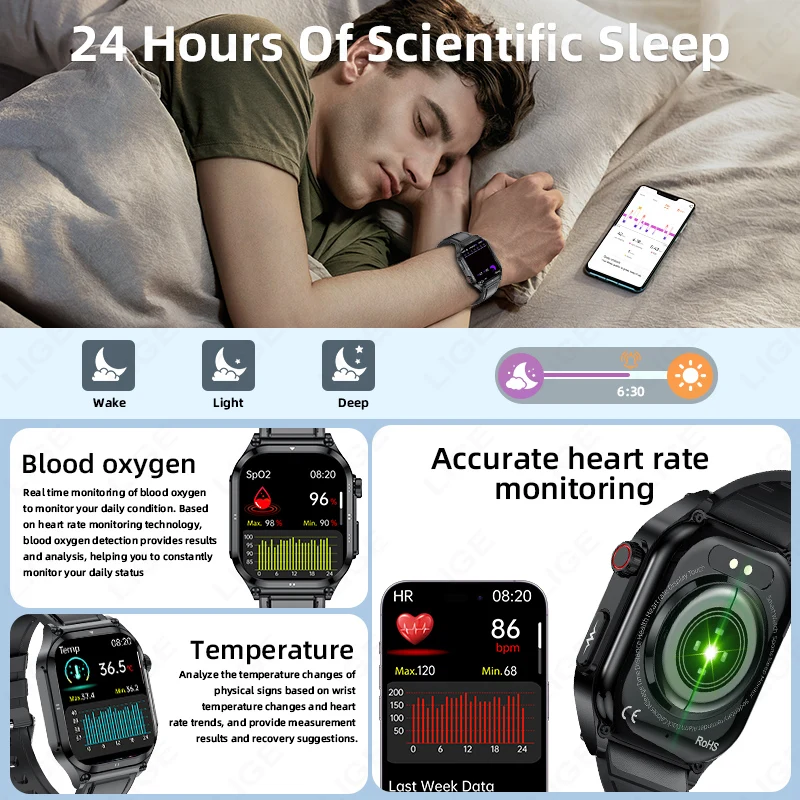 LIGE 2.04 "AMOLED ECG معدل ضربات القلب الأكسجين في الدم مراقبة الصحة Smartwatch 2025 جديد صوت مساعد IP68 مقاوم للماء ساعة ذكية #6