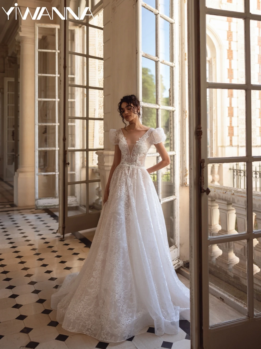 

Elegant Lace Puff Sleeve Wedding Dress Sexy Illusion Deep V-neck Bridal Gown Customized Dreamy A-line Long Dresses For Bride