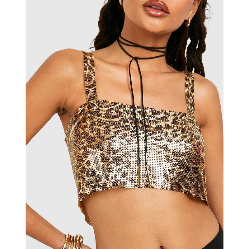 Y2K Female Metal Silver Star Cami Top Leopard Print Chainmail Crop Top