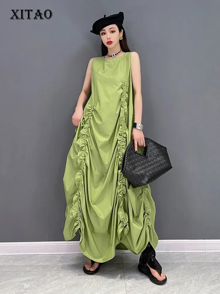 XITAO Solid Shirring Dress Women Korea 2022 Summer New Arrival Personality Fashion Loose O-neck Sleeveless Dress WMD5840