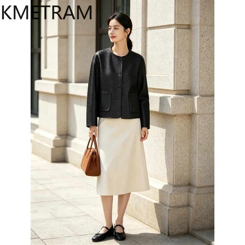 KMETRAM Genuine Leather Jacket Super Soft Woven Goatskin Leather Coat Round Neck Short Jacket of Woman Loose Outerwear Jaqueta