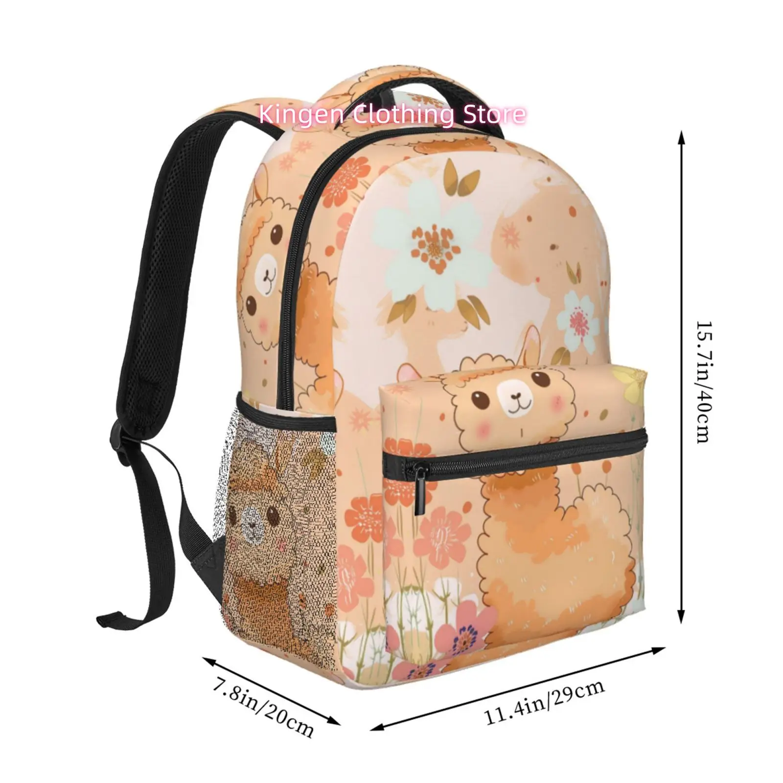 Kawaii Alpaca with Floral Background Print Backpack, Adjustable Shoulder Straps, High Quality Oxford Cloth, for Women Travel, Ou
