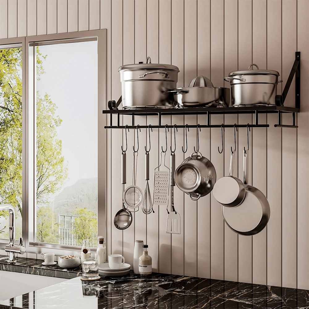 Kitchen Metal Shelves Saucepan Pan Pot Rack Storage Shelf with 10 Hooks Wall Mounted for Kitchen Balcony Bathroom