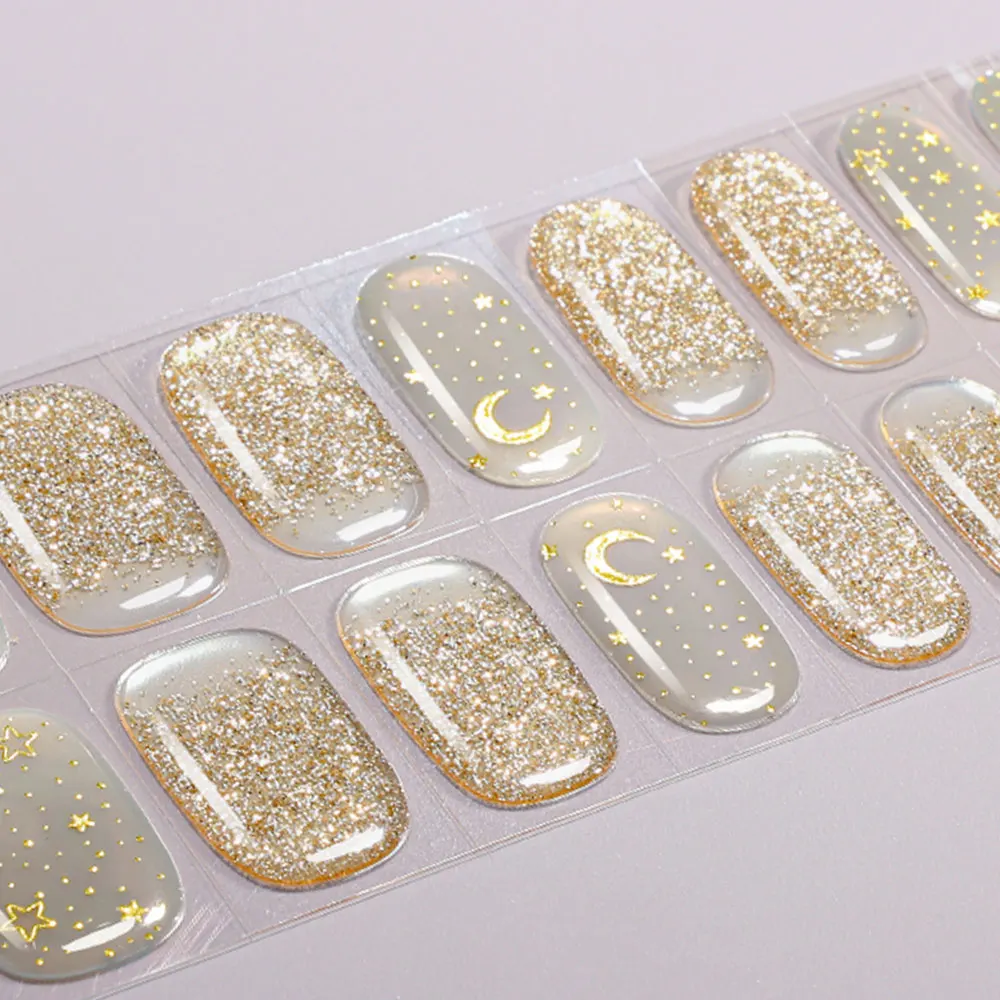 16Tips Semi Cured Sparkling Gel Nail Strips Starry Sky Long Lasting Self-Adhesive Gel Nail Wraps Full Cover UV Nail Art Sticker