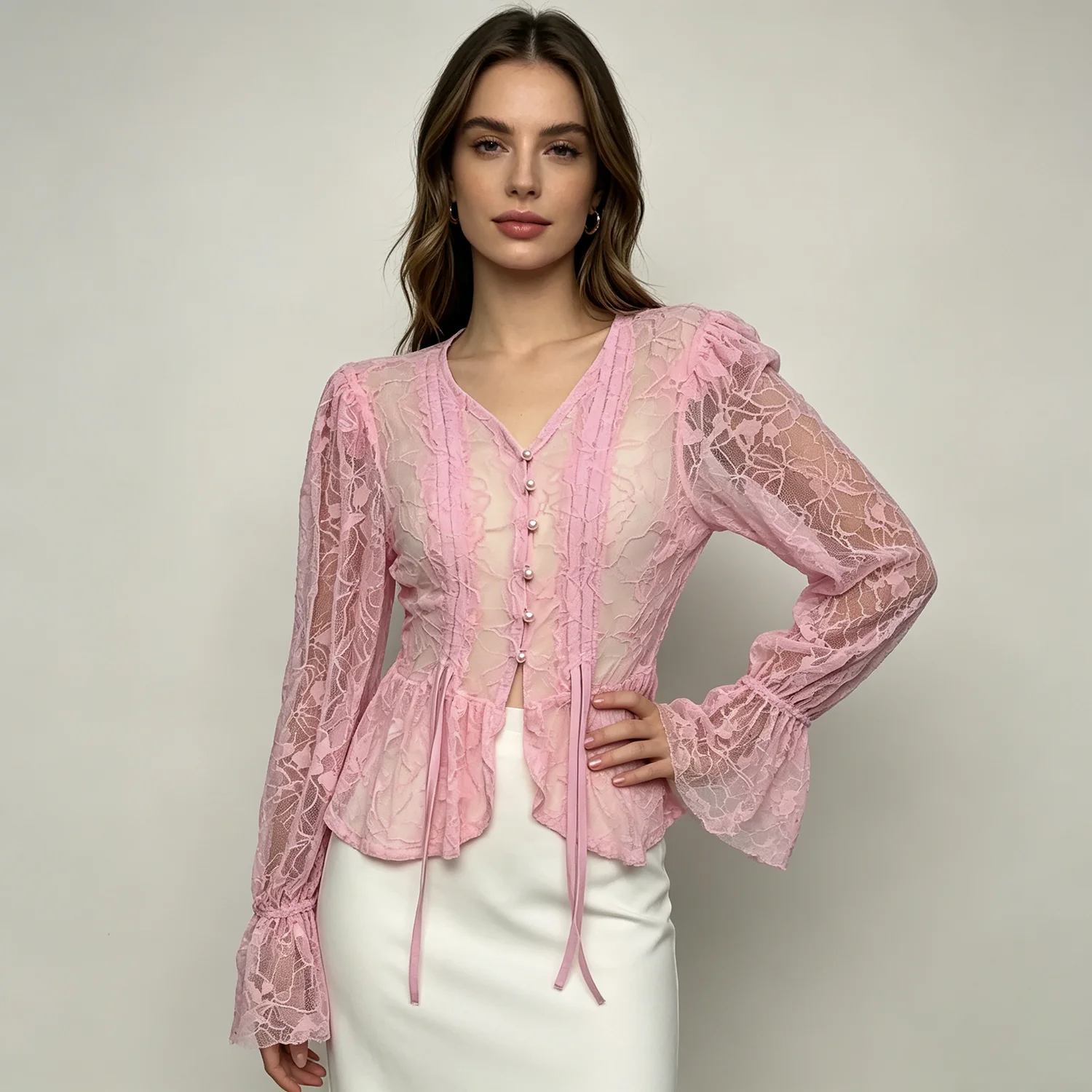 PUAL Women Lace Sheer Blouse V Neck Long Bell Sleeve Ruffle Peplum Top with Pearl Buttons & Drawstring
