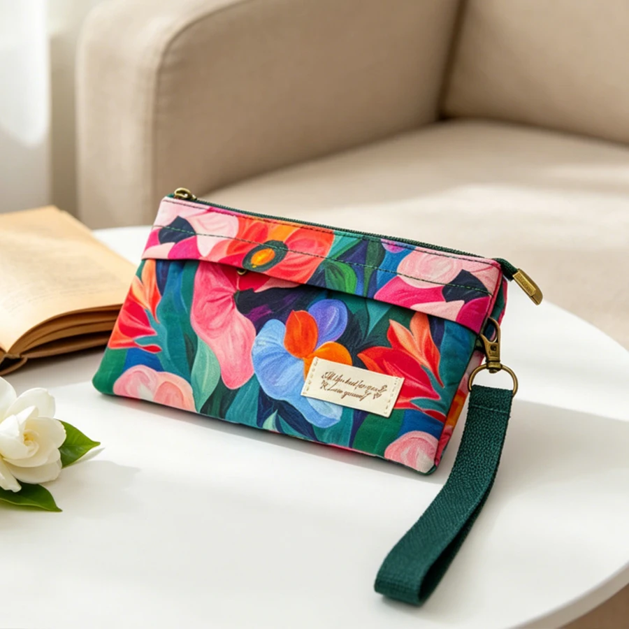 Leichte Canvas-Handytasche mit Blumenmuster für Damen, Umhängetasche mit mehreren Taschen und Reißverschluss, verstellbarer Riemen, Mini-Handgeldbörse – Detail 9