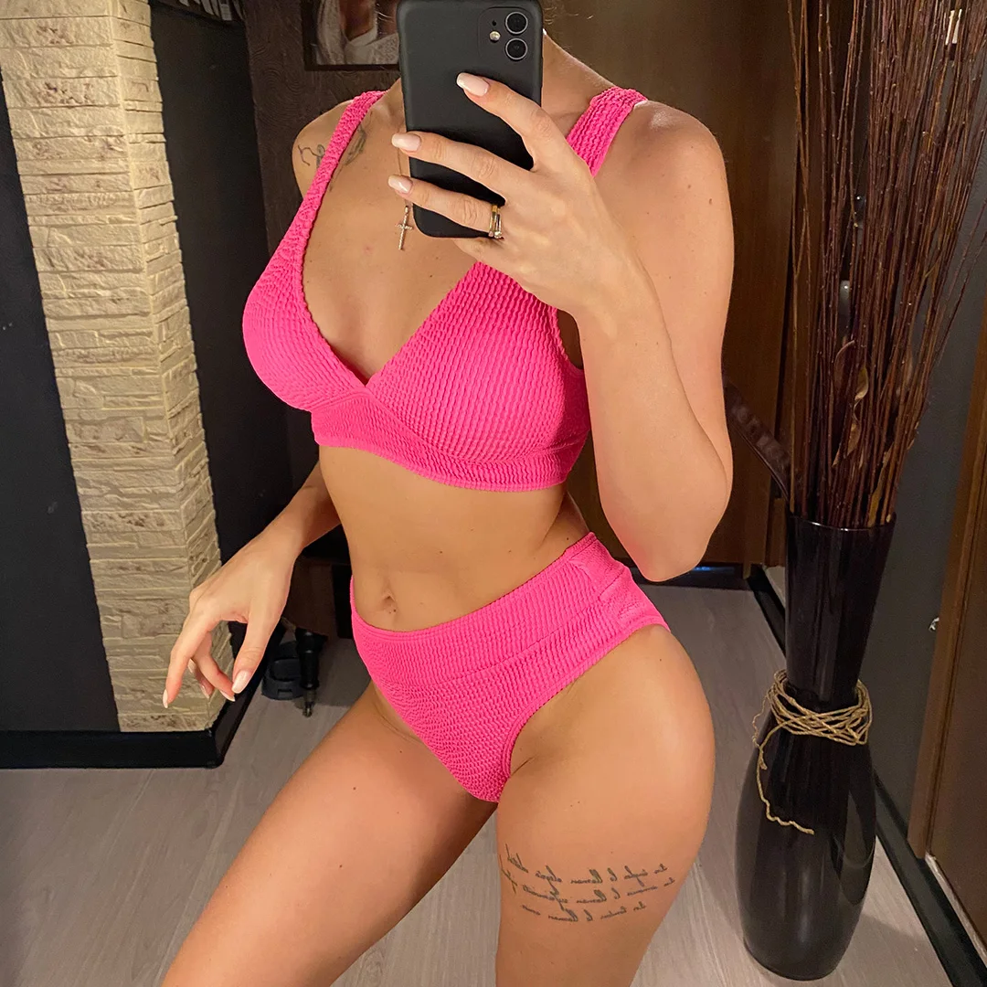 Gefalteter, geraffter Damen-Badeanzug mit V-Ausschnitt, hochtaillierter Bikini, zweiteiliges Bikini-Set, Badebekleidung, Badeanzug, Modell V3590. – Detail 9