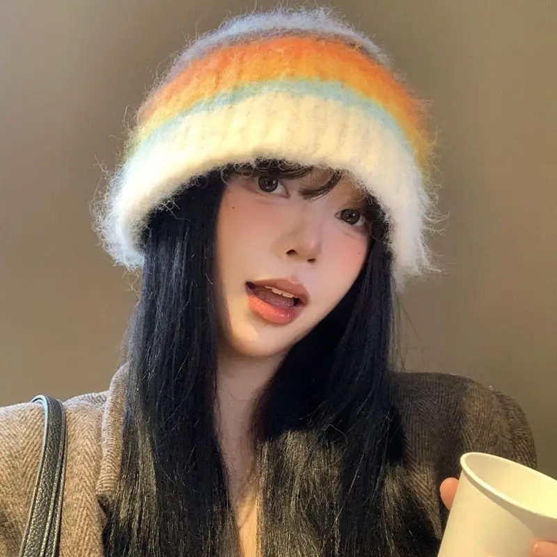 2025 Autumn And Winter New Dopamine Colored Color Blocked Fisherman's Hat Women's Plush Warm Knitted Cap 3
