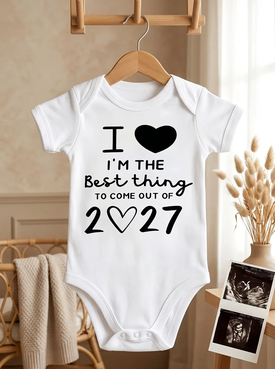 I'm The Best Thing To Come Out of 2027 Baby Bodysuit Heart Letter Print Newborn Short Sleeve Romper Pregnancy Announcement