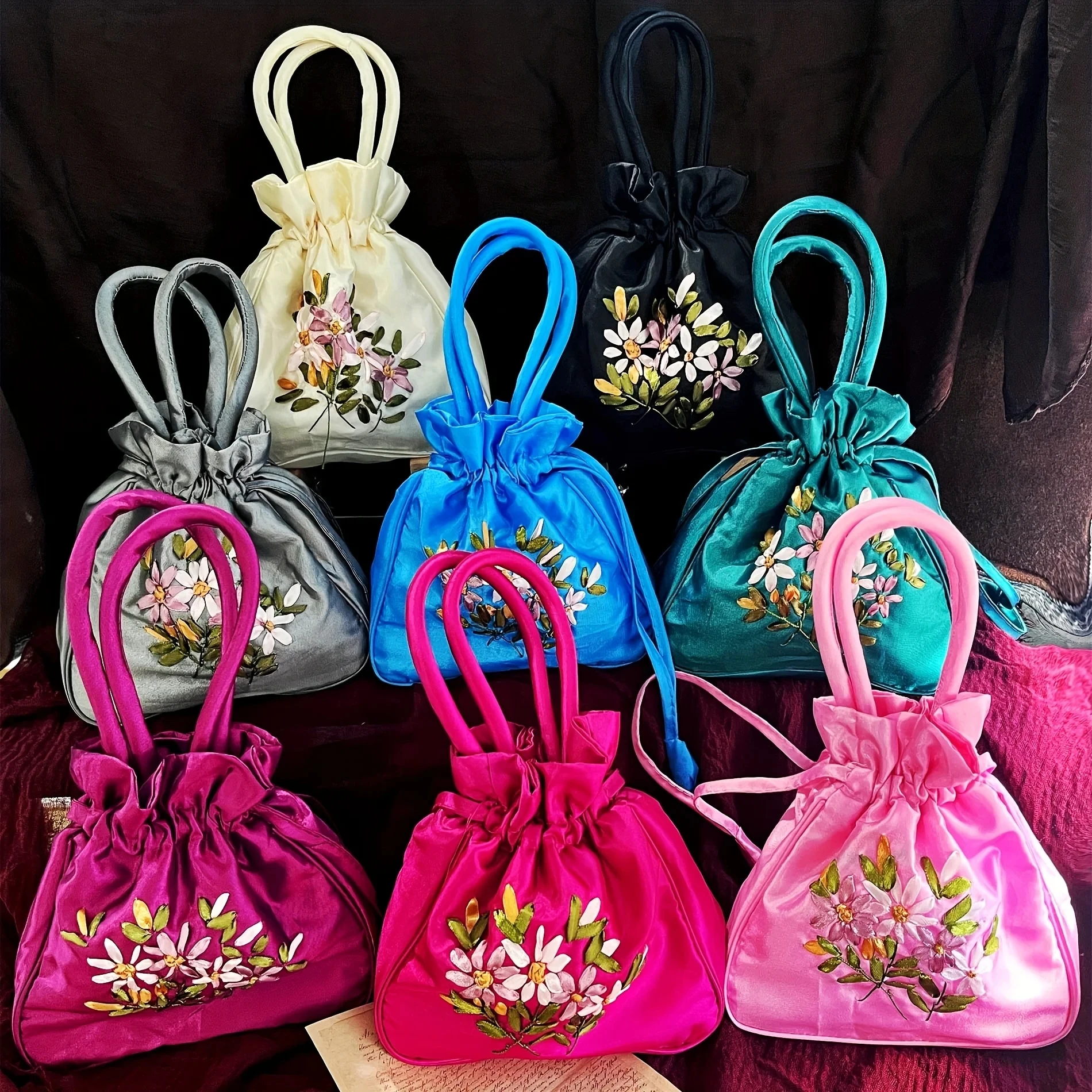 Women Retro Embroidery Drawstring Bucket Bag Shoulder Handbag Purse Wallet Card Holder Wrist Bag Storage Bag