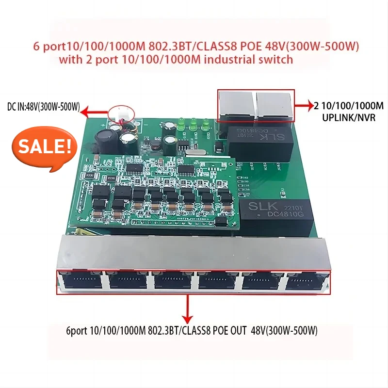 

8-портовый коммутатор класса 10/100/1000M POE 48 В (300 Вт-500 Вт) 802.3BT с 2 портами UPLINK NVR 1000M