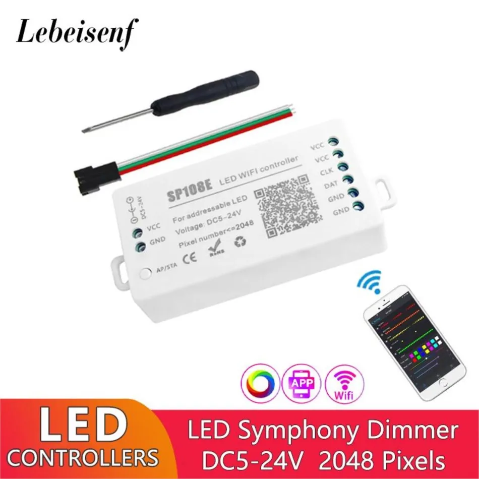 SP108E adresowalny sterownik ściemniacza LED Wifi DC 5-24V 2048 pikseli dla SK6812 WS2812 programowanie kolorów RGB LED magiczny kolorowy pasek