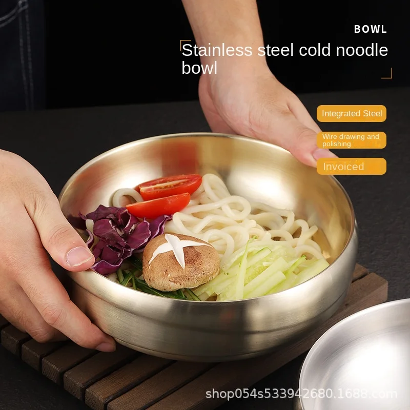 

Double Layer Stainless Steel Soaked Noodle Bowl Commercial Gold Large Screw Powder Soup Bowl for Japanese and Korean Noodles