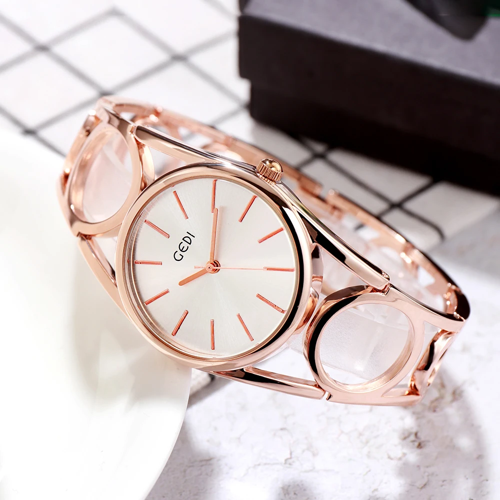 

GEDI Rose Gold Quartz Bracelet Watch for Women Luxury Hollow Chain Watchband Waterproof Ladies Wristwatches Woman Jewelry Watch