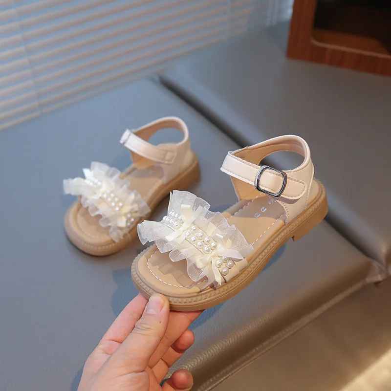 Girls lace fold Sandals Kids Artificial pearl Shoes Baby Hoop Loop Open Toes Sandal 2025 Summer Child Casual Flat Shoe for 23-34