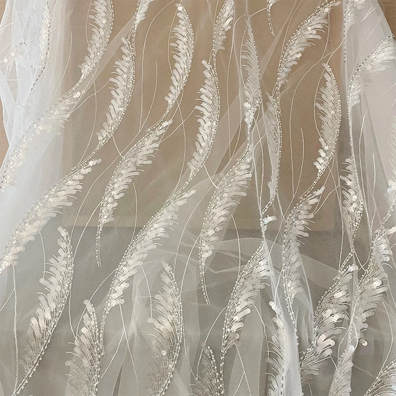 Off White Beaded Sequin Tube Geometric Stripe Haute Couture Tulle Lace Fabric Wedding Dress Bridal Gown Evening Clothes DIY