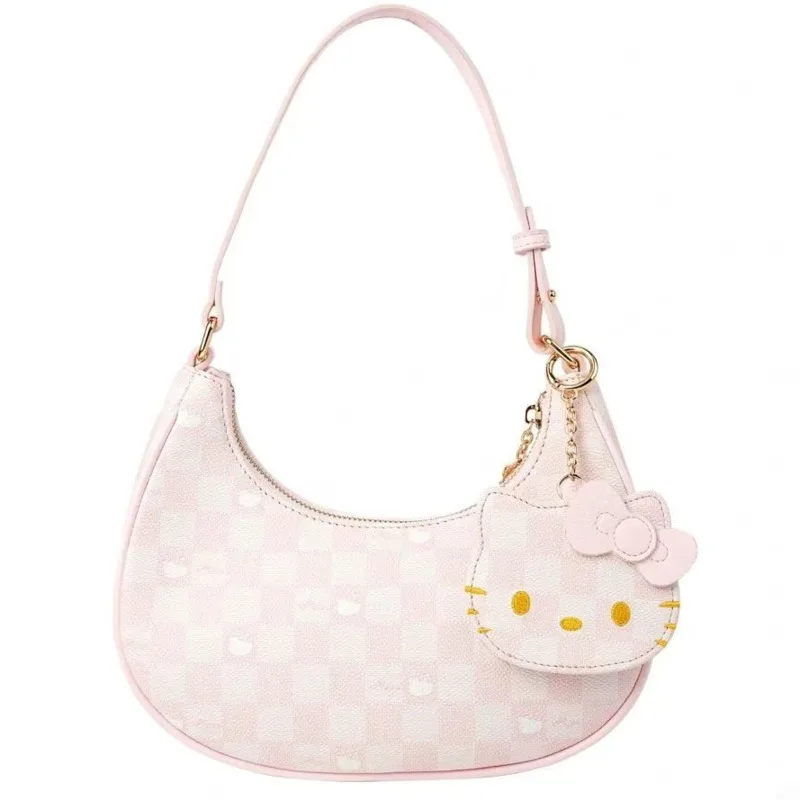 Miniso Hellokitty Y2k Half Moon Underarm Bag Plaid Kawaii Shoulder Bag Girl Cute Kitty Pendant Pink Handbag Damska torba Harajuku Bag