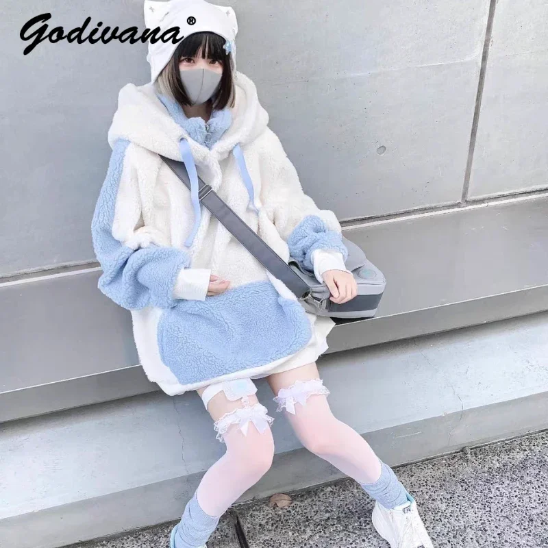 

Cashmere Hoodie for Women Water Color Japanese Autumn and Winter Angel Wings Preppy Style Harajuku Punk Mine Loose Plush Coat