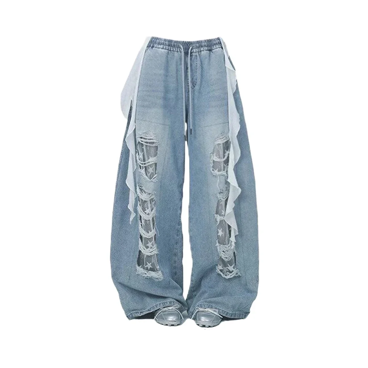 Blue Distressed Vintage Lace Patchwork Ripped Jeans Women Streetwear Y2k American Retro High Waist Wide Leg Denim Pants