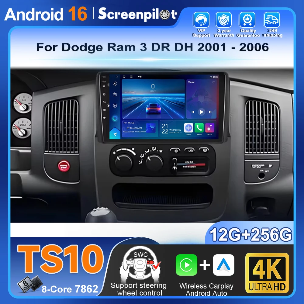 

Автомагнитола Android 16 с CarPlay для Dodge Ram 3 DR DH 2001-2006, мультимедийный видеоплеер, GPS-навигация, сенсорный экран, Wi-Fi