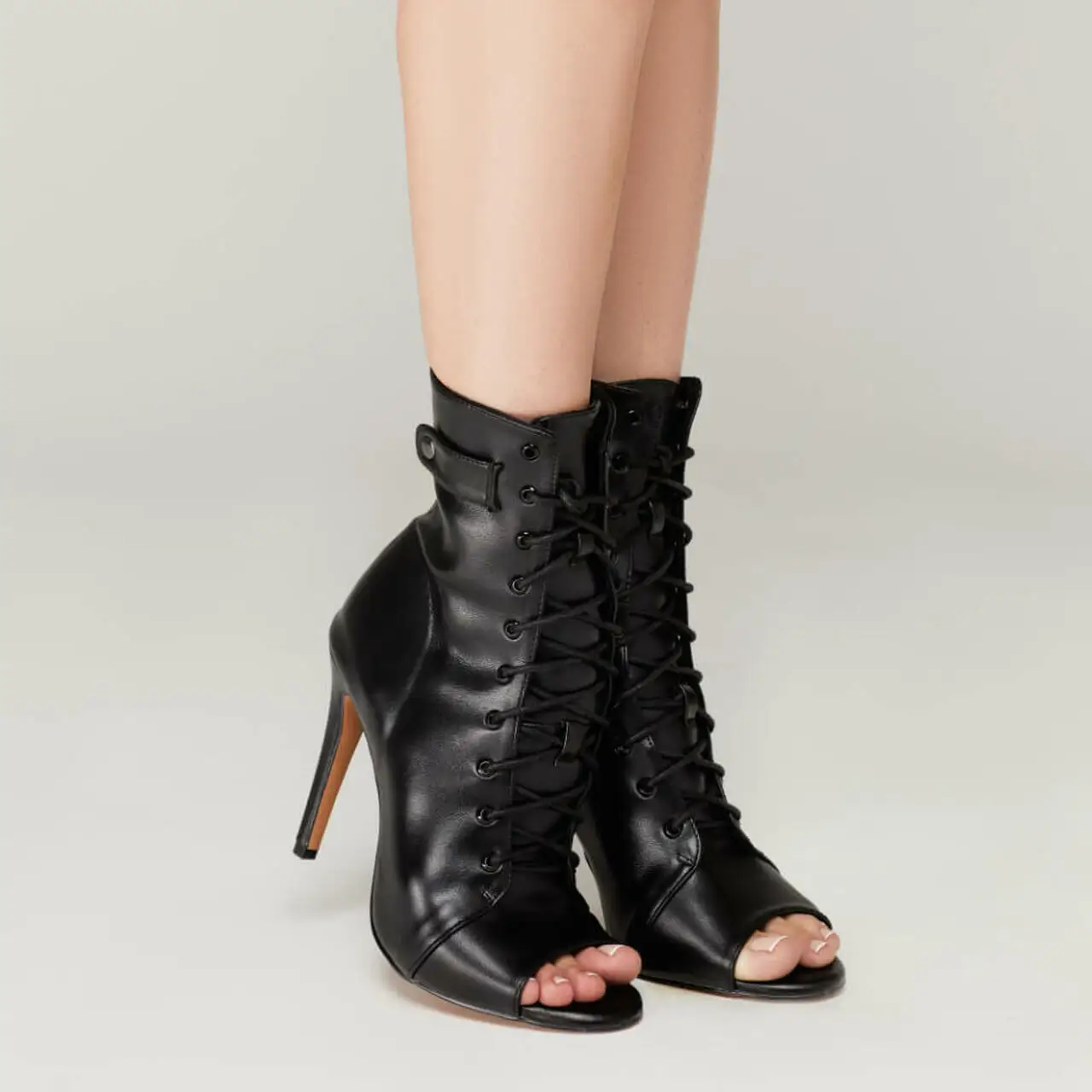 Customized Black Vegan Material Lace Up Stiletto Bootie Can Wear Indoor And Street Dance Shoes heels class ankle boots