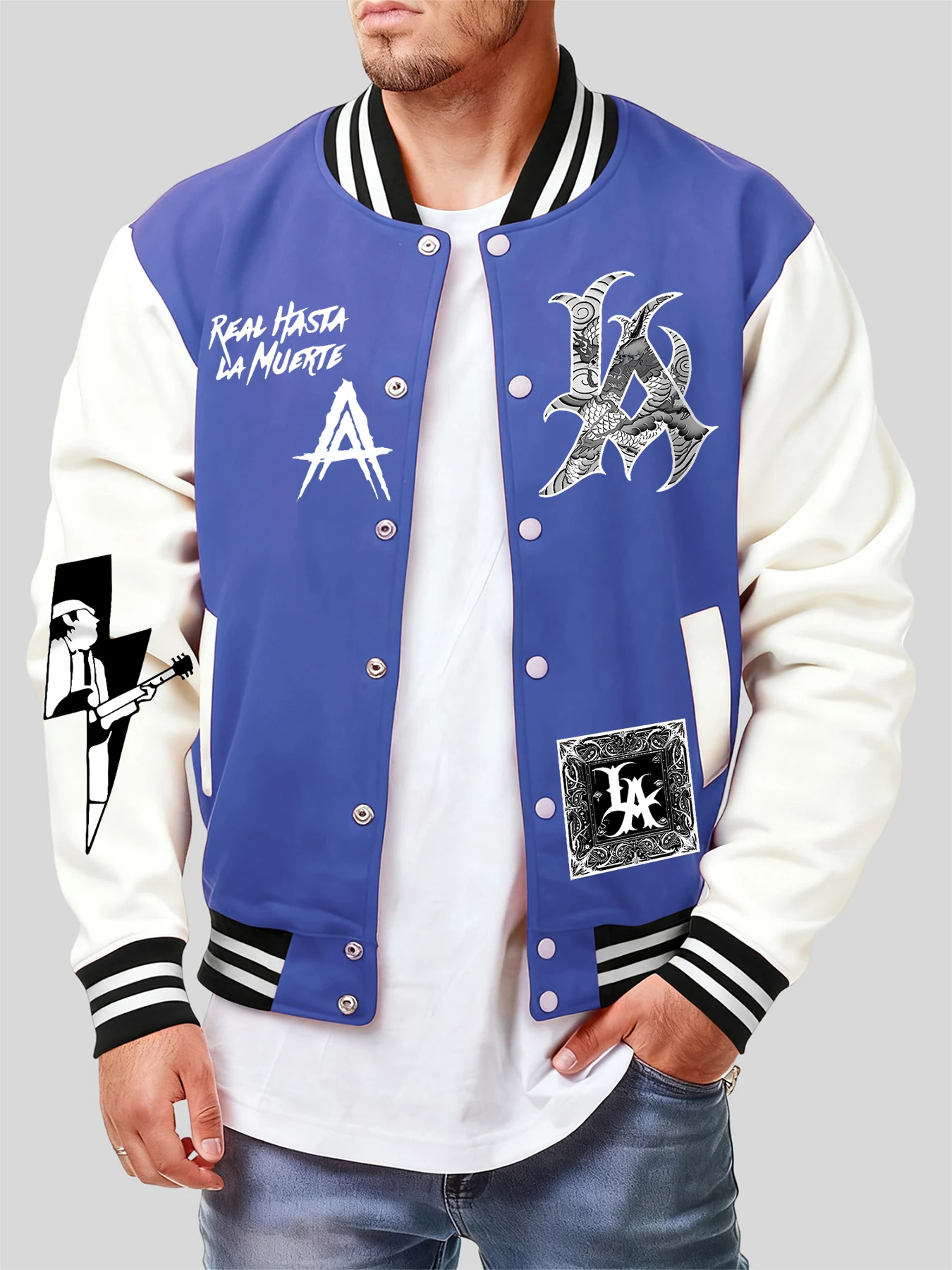 

Куртки с принтом Letter A Rock Real Hasta La Muerte, мужская японская уличная одежда, модная свободная бейсбольная майка с карманами, американская куртка