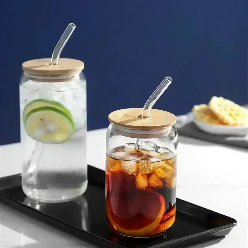 300ml/550ml Glass Cup Cola Cold Drink Water Cup with Bamboo Lid Coffee Milk Juice Straw mug Beer Can Drink Home Breakfast C up