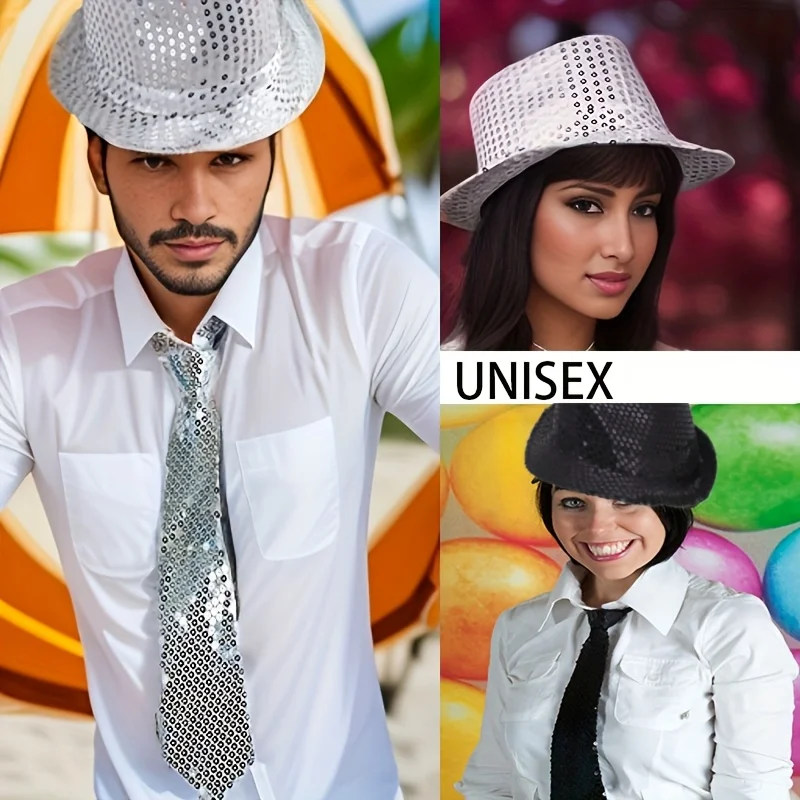 2-Piece Set, Unisex, Sequined Tie and Hat Suitable for Stage Performances, Festivals, Parties, and Club Shows