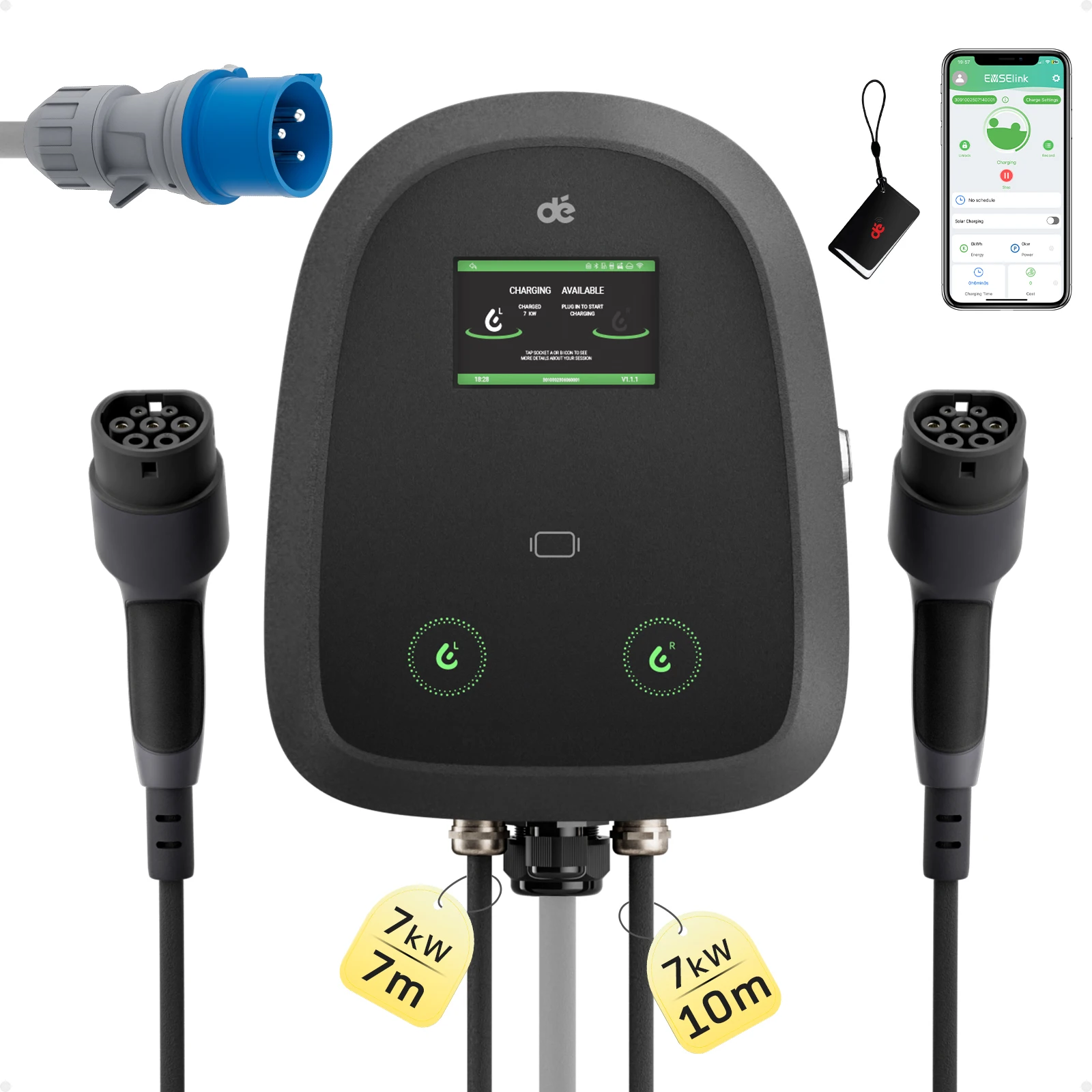 dé Dual Wallbox 2×7kW Typ 2 EV-Ladegerät mit 7m & 10m Kabeln 1-phasig 32A Mit OCPP1.6J DLB Dynamischer Lastverteilung 4,3 Zoll LCD-Touchscreen