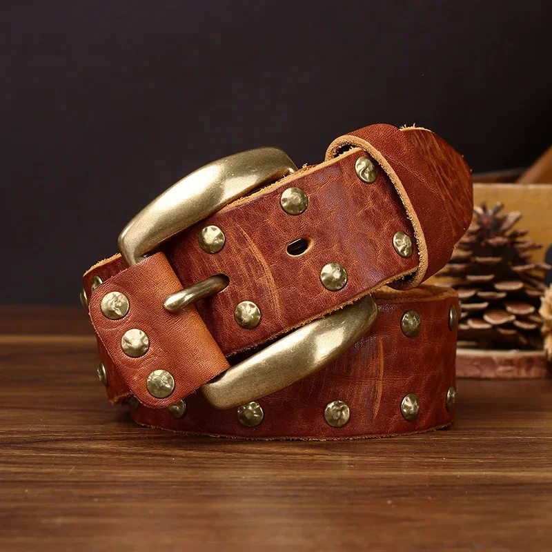 Punk Trend Rivet Men Belt Thicken Genuine Leather Brass Pin Buckle Washed Retro Distressed Pure Cowhide Personalized Denim Belt