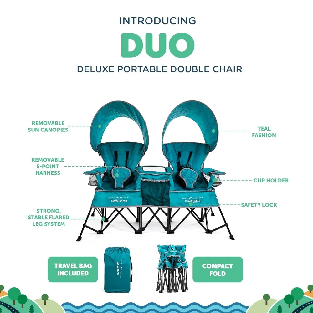 كرسي أطفال محمول بمقعد مزدوج - للاستخدام الداخلي/الخارجي - أزرق مخضر