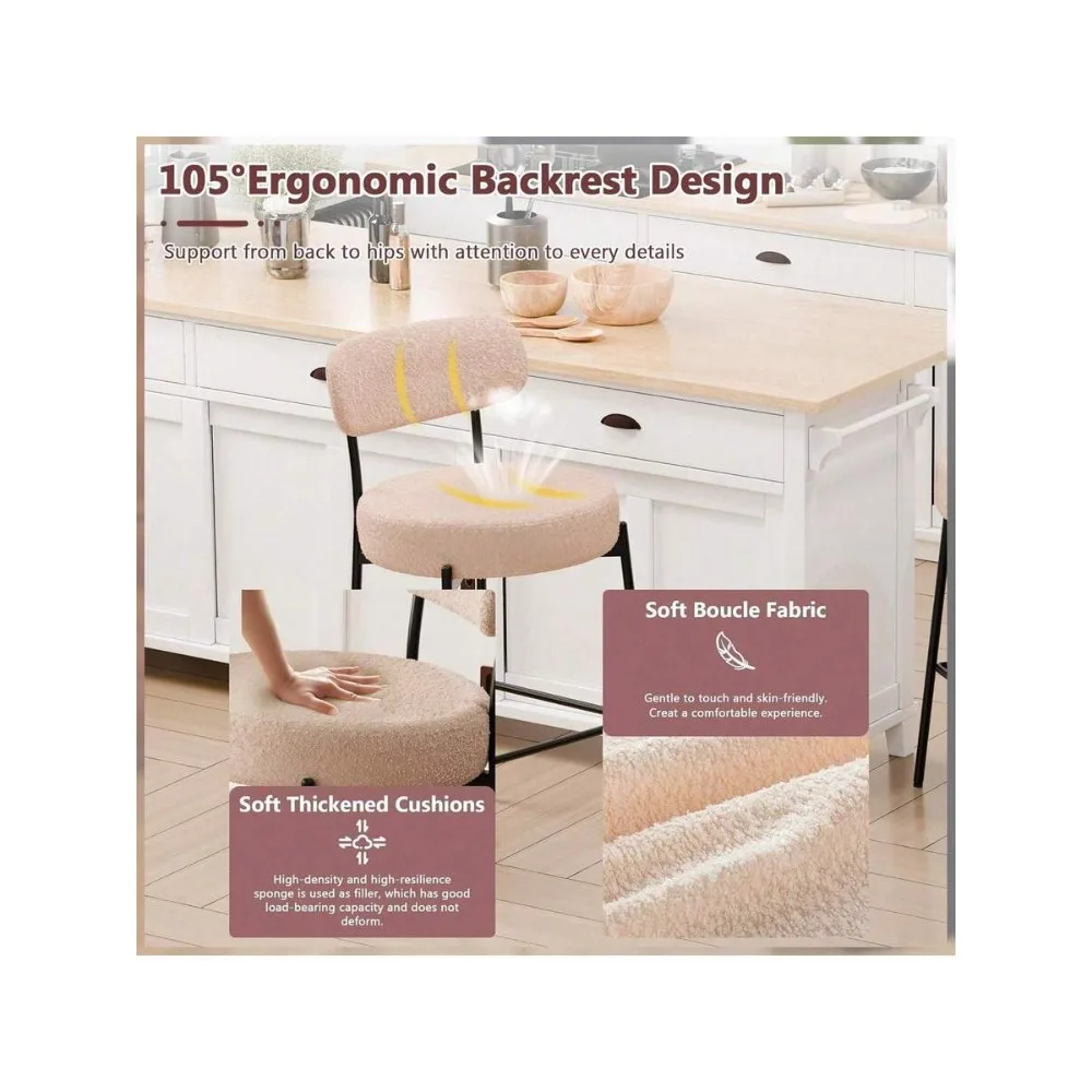 Beige Bar Stools Set of 2, 27.56 Inch Counter Height Barstools with Back, Modern Upholstered Boucle Seat Cushion, Sturdy Metal Legs for Kitchen Island, Dining Room, Living Room, Home Bar view 5