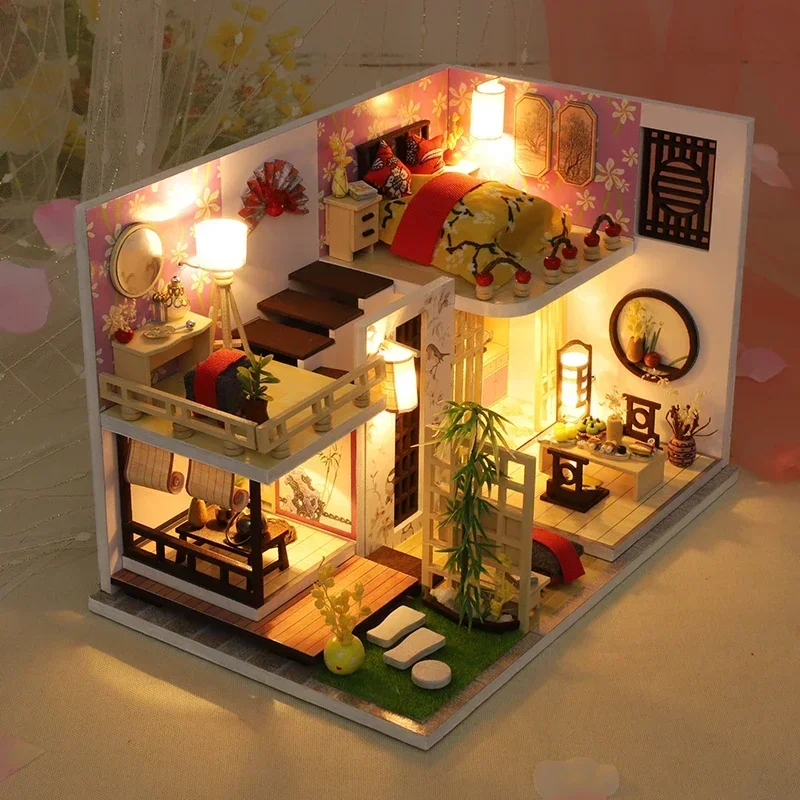 

НОВЫЙ DIY деревянный кукольный домик японский Casa миниатюрный строительный комплект кукольный домик в сборе игрушки для девочек подарки ручной работы на день рождения