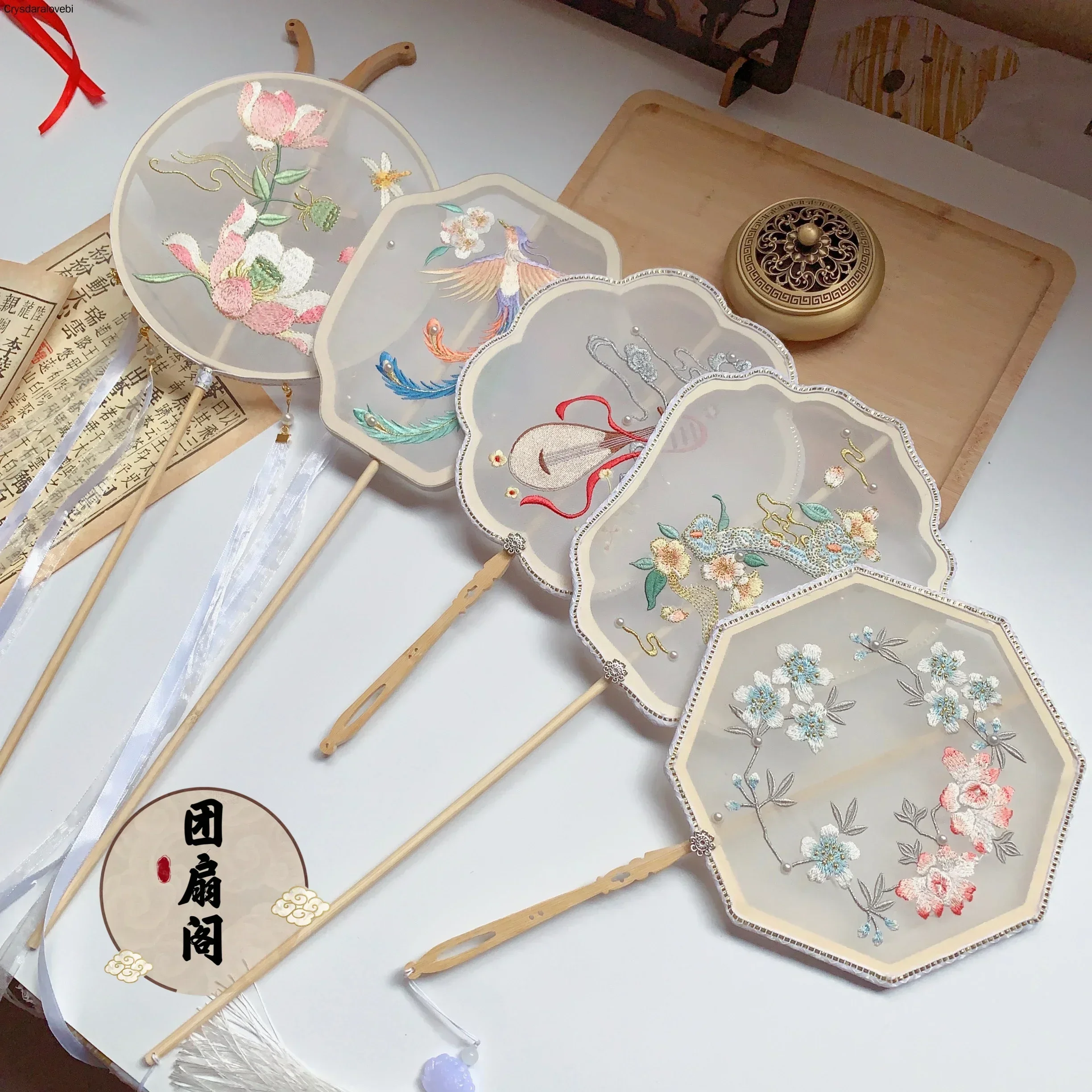 Chinese Japanese Style Female Round Fans Classical Dance Fan  Handheld Circular  Vintage Fan with Tassel Pendant