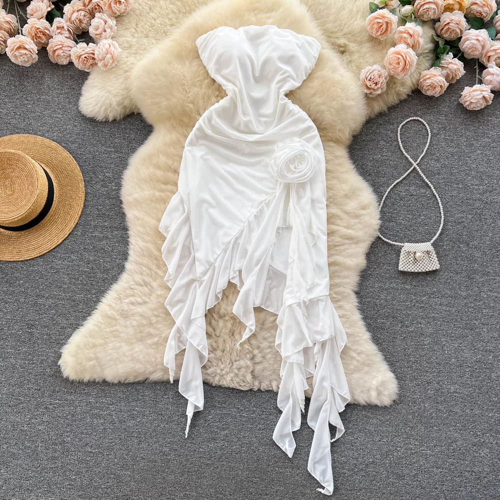 Foamlina 2025 Summer Women Sexy Strapless Tube Dress White Sleeveless Chest Padded Flower Irregular Ruffles White Holiday Dress