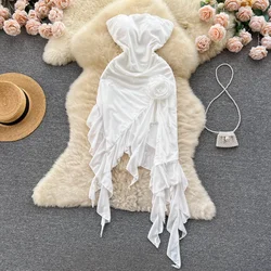 Foamlina 2025 Summer Women Sexy Strapless Tube Dress White Sleeveless Chest Padded Flower Irregular Ruffles White Holiday Dress