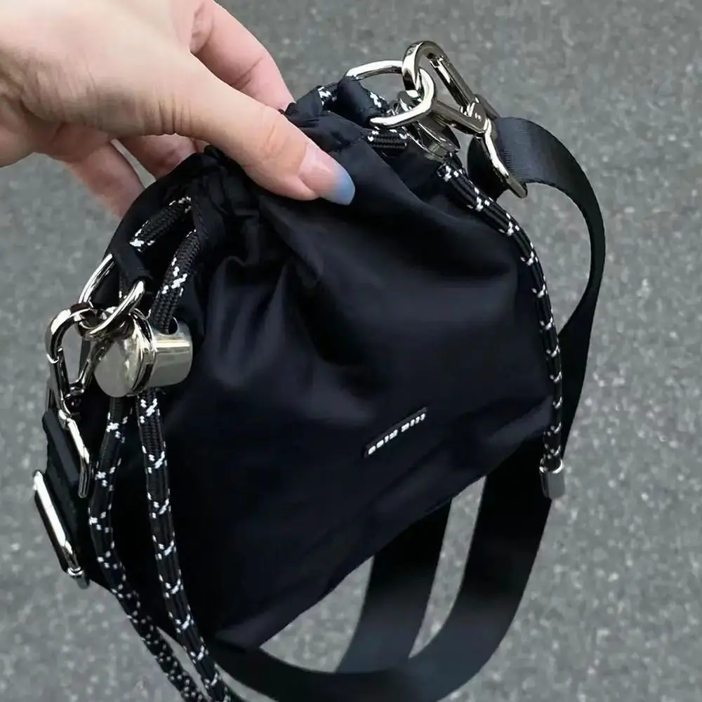 

Cool Korean Style Black Drawstring Bucket Bag Portable Luxury INS Shoulder Bag Nylon Fashion Crossbody Bags Girls