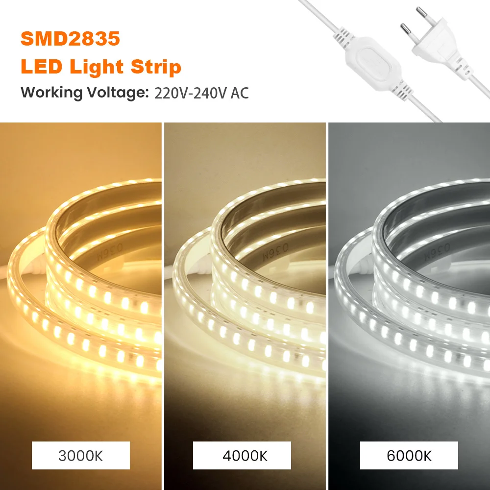 220 V 2835 LED-Streifenlicht, 120 LEDs/m, helle, wasserdichte, flexible LED-Bandlichter, Klebeband mit EU-Netzstecker, Heimdekorationslampe