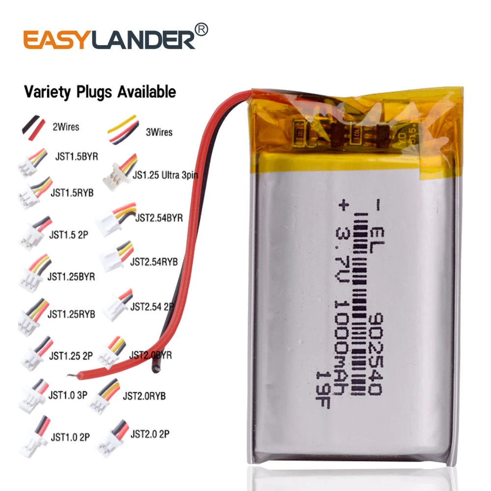 JST2.0mm 3Pin JST1.0 2P JST1.25 2P 902540 3.7V 1000mAh Rechargeable Lithium Lipo Li-ion Polymer Battery